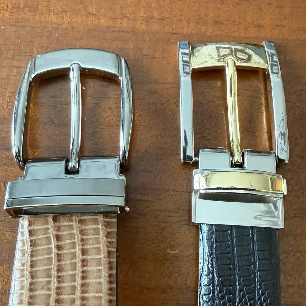 Italian Leather Belts Lot of 2‎ Size 42 Lizard Embossed Black Tan Dress